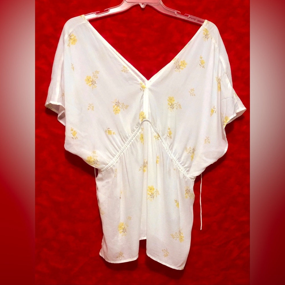 Lucky Brand CL Short Sleeve Blouse Top White Yellow Floral Flower Boho Chic